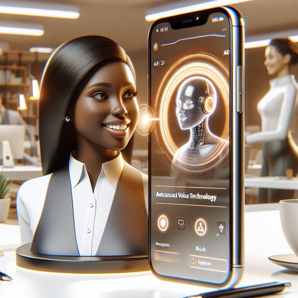 Depict a futuristic and corporate-style 2D visual of a virtual assistant conversing with a Black female user who is smiling, on a smartphone screen, showcasing natural interactions in Advanced Voice Mode offered by AI technology. The assistant should symbolize innovative voice technology and the smartphone should depict the accessibility of this feature. The setting is a warm-toned, modern workspace with cutting-edge technology in the background, representing the everyday use of such technology. The entire image should have a comforting and connecting ambiance. The background should be white and textureless.