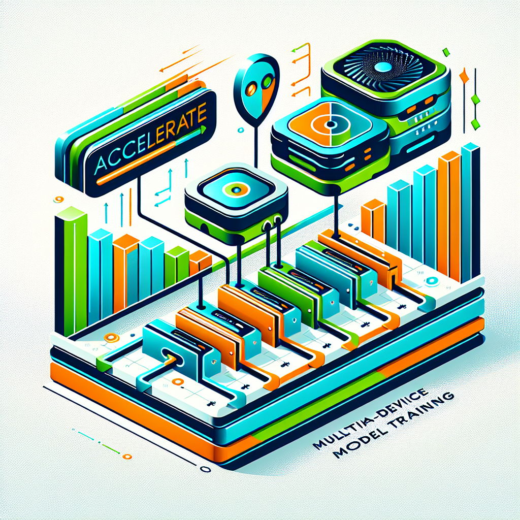 Create a 2D, vector-style illustration suited for a corporate setting that represents the concept of multi-device model training. The background should be flat and textureless white. The illustration should depict a performance graph with three varying types of devices: CPU, GPU, and TPU interconnected, symbolizing the flexibility and efficiency of 'Accelerate 1.0'. Include a logo representing Hugging Face to highlight the origin of the project. Use vibrant colors such as blue, green, and orange to convey innovation and technology. In a prominent location, feature the text 'Accelerate 1.0', to emphasize the launch of the new version.