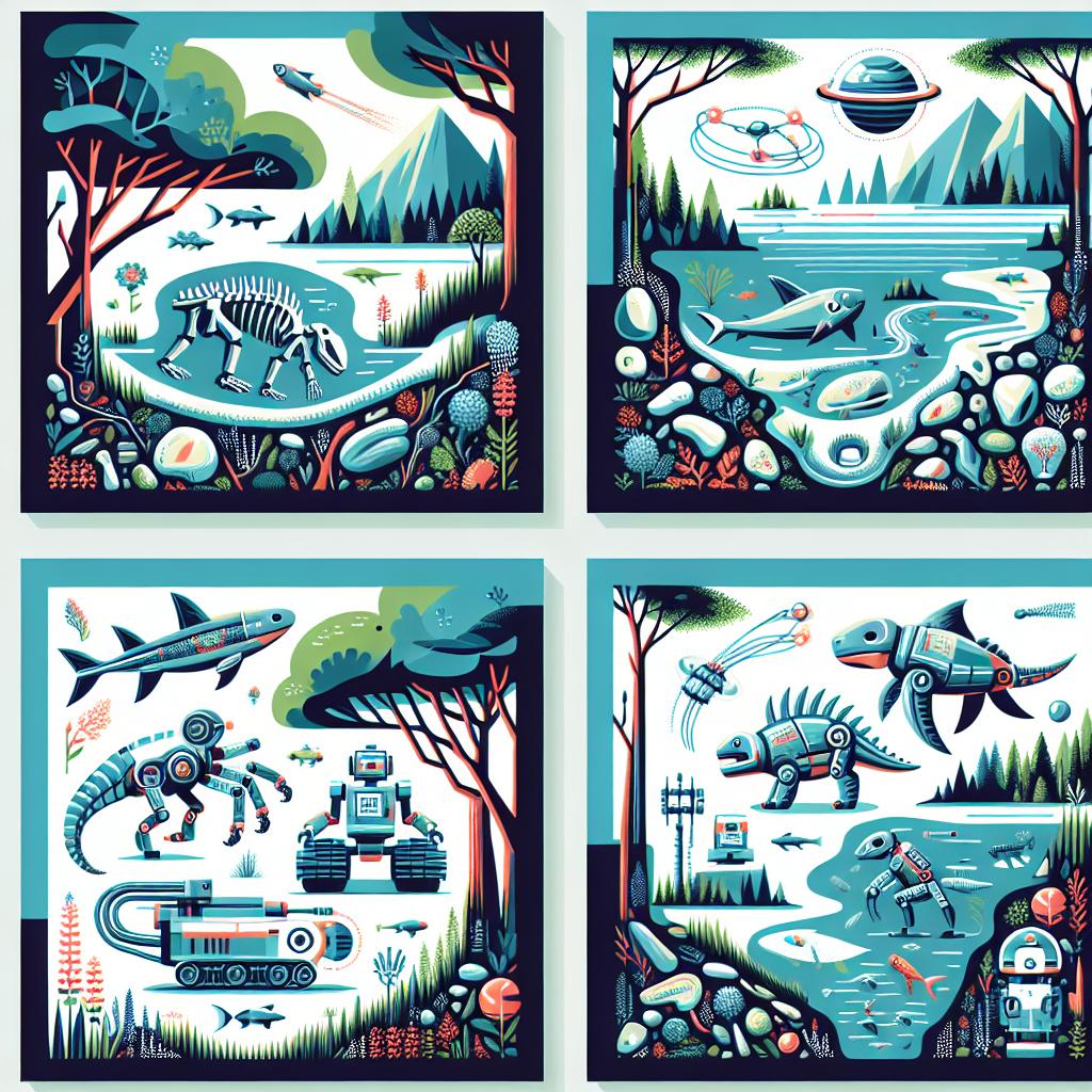 Create a vibrant, flat-style 2D vector image on a white and untextured background that captures the intersection of paleontology and robotics. Illustrate experimental robots inspired by extinct animals situated in diverse environments such as forests and oceans. Both terrestrial and aquatic scenes should symbolize the habitats of extinct animals and represent the diversity of past life forms. Include intricate details of fossils to represent the core of paleontological studies and display the story of life on Earth. Incorporate elements of technological innovation in research exhibited by the presence of robots. This image synthesizes a significant development in paleontological research and the notion of reviving extinct species through robotics.