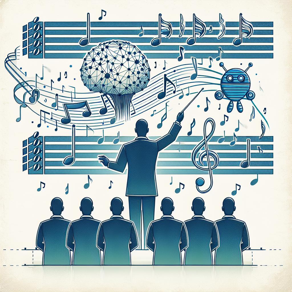 In a corporate flat vector style, design a 2D linear perspective image on a plain white, textureless background. The image should represent a conductor leading various artificial intelligence agents, symbolizing collaboration and the complexity of modern workflow. The conductor symbolizes leadership in orchestrating the agents, while the agents themselves represent different specializations in AI. The score illustrates the complexity of the workflows. Music notes scattered around the image represent harmony amongst the agents.