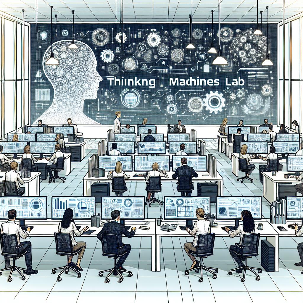 A crisp and innovative 2D workspace environment at the fictional startup Thinking Machines Lab, where engineers and scientists are collaborating on AI projects. The workspace is drawn with a flat, corporate, vectorial style on a white, textureless background. The engineers and scientists are a diverse mix in terms of gender and descent, engaging intensively in their work. The modern, collaborative environment of this scene manifests in an open-office layout with desks filled with state-of-the-art computers and AI logos. Various screens display data graphics, symbolizing ongoing research and development.