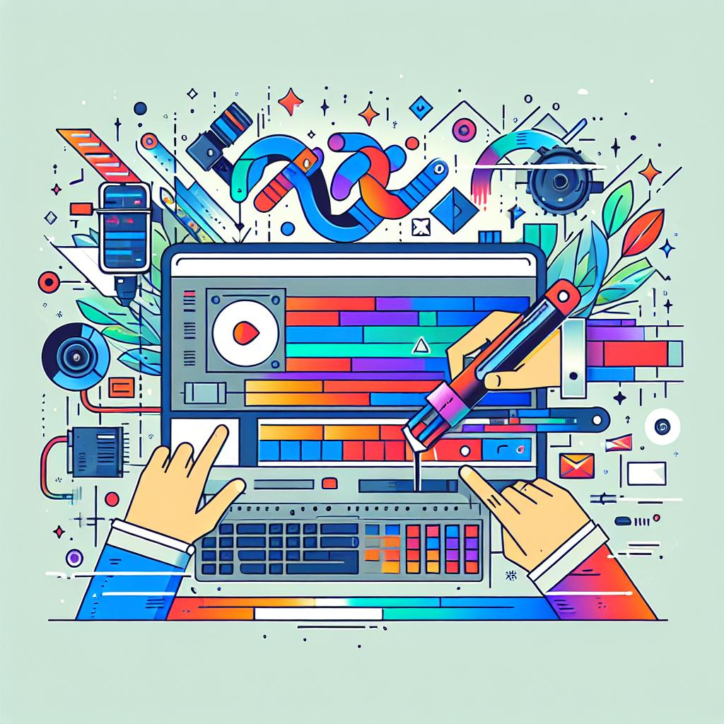 Create a 2D, flat, and linear style digital illustration that represents the concept of a new artificial intelligence method for video editing, namely StableV2V, which was launched on November 19, 2024. The image should depict a flat-style, and corporate vector image of a video editor in action, with dynamic object shapes being transformed thanks to the AI technology. Include vibrant graphic elements to symbolize the focus on shape editing. The color scheme should be vibrant as it draws attention and evokes a sense of creativity. The background of the image should be plain white and without any texture.