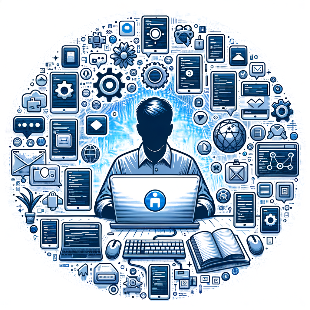 Illustrate a corporate, flat, and vector-style image with a 2D linear perspective. The central focus should be a developer, racially unspecified and of any gender, using an open-source web application called LlamaCoder on a laptop. Encircling the laptop, depict diverse app icons symbolizing the range of applications that can be created. Also, include the logo of LlamaCoder prominently to emphasize the main tool. The color palette should be dominated by hues of blue and white, suggesting a theme of technology and innovation. The background should be white and textureless to avoid diversion from the main image.