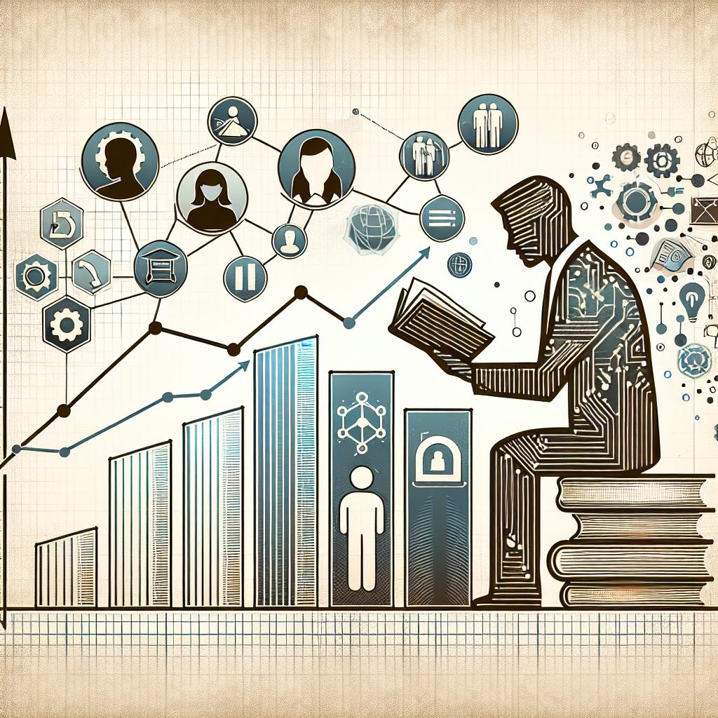 Design a corporate and flat vectorial style image set on a white and untextured background. In a 2D linear perspective, feature a bar graph that represents the growing interest in courses related to generative Artificial Intelligence and interpersonal skills showing the intersection between technology and human development. Add in additional elements such as icons depicting interpersonal skills, highlighting the importance of these competencies. Also include a silhouette of a professional studying a book, symbolizing the concept of continuous learning.