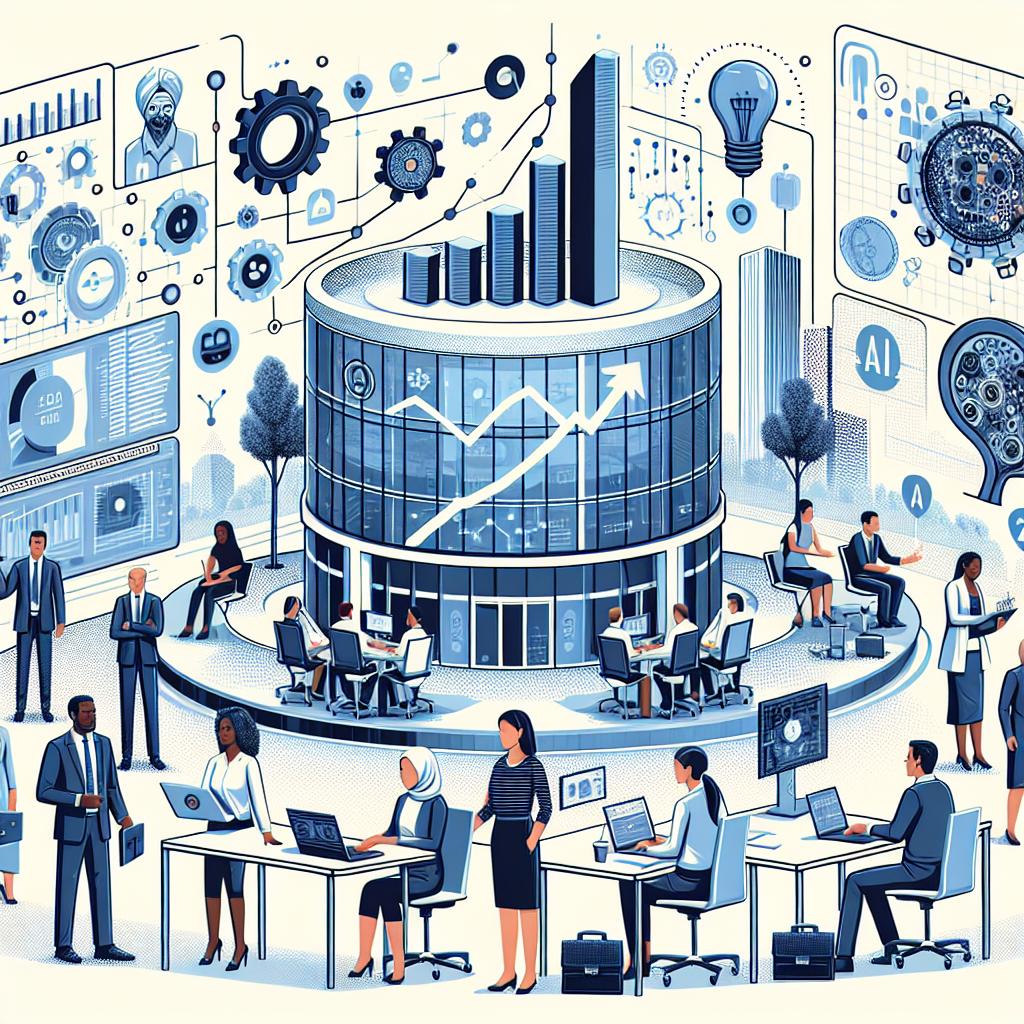 Create a representative image of the Scale AI Center located in St. Louis, created to boost the use of artificial intelligence in the public sector. This center stands out as a model of innovation and high-tech job generation, offering new opportunities for workers of different backgrounds and contributes to the national security of the United States. The image should include people working in various technological roles with a data chart in the background. The style should be vector-like, flat and corporate. The foundation of the image should be a texture-less white background. It should be in a 2D, linear perspective. Additional elements include: a growth chart illustrating jobs increase; a group of diverse people, including a Middle-Eastern woman, Black man, Caucasian woman, and South Asian man portraying workplace inclusion; a collaborative environment showing the partnership between the center and community; and technological elements highlighting the daily use of AI.