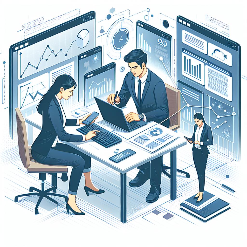 Create a 2D linear perspective image featuring a contemporary office setting, where professionals are using Artificial Intelligence technology to process documents. The scene should include a South Asian male and a Caucasian female interacting with mobile devices, signifying the cooperation between humans and AI. Include screens with real-time data and graphs, representing data analysis. Scattered digital documents on the desk will symbolize the focus on efficient document processing. Maintain a flat, corporate style in a vector mode. The background should be white and texture-less.