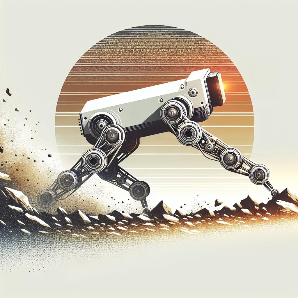 Design an image in a two-dimensional, flat, corporate style inspired by pre-20th-century vector artwork. The focus of the image is an innovative quadruped robot traversing rough terrain, emphasizing its agility and technological capabilities. The robot, immersed in a background that is both white and untextured, signifies breakthroughs in robotics. The backdrop is softly blurred, symbolizing the ever-evolving technological environment. Make use of vibrant colors to visually engage the audience.