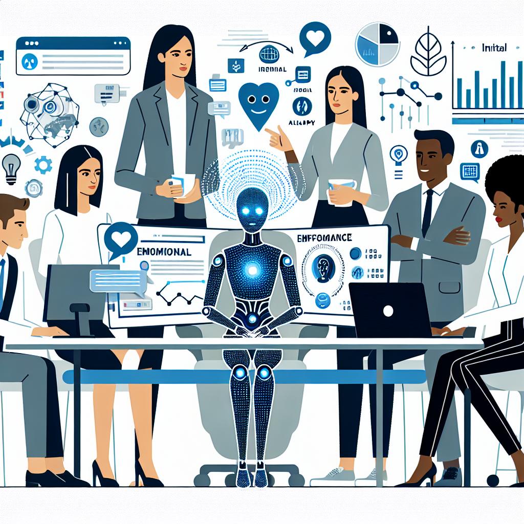 Depict a vector flat styled, corporate-themed image set in a modern office setting where a diverse group of professionals are interacting with an AI interface that has an emotional and effective response. The group consists of a Middle-Eastern woman, a Caucasian man, a Hispanic woman, and a Black man. The AI interface is highlighted as an innovative technology. Visual elements include graphic representations of data, performance charts, and empathy icons. The setting is 2D and linear, the background is white and untextured. Additional elements in the image include representations of collaboration in a corporate setting and the emphasis on emotional intelligence.