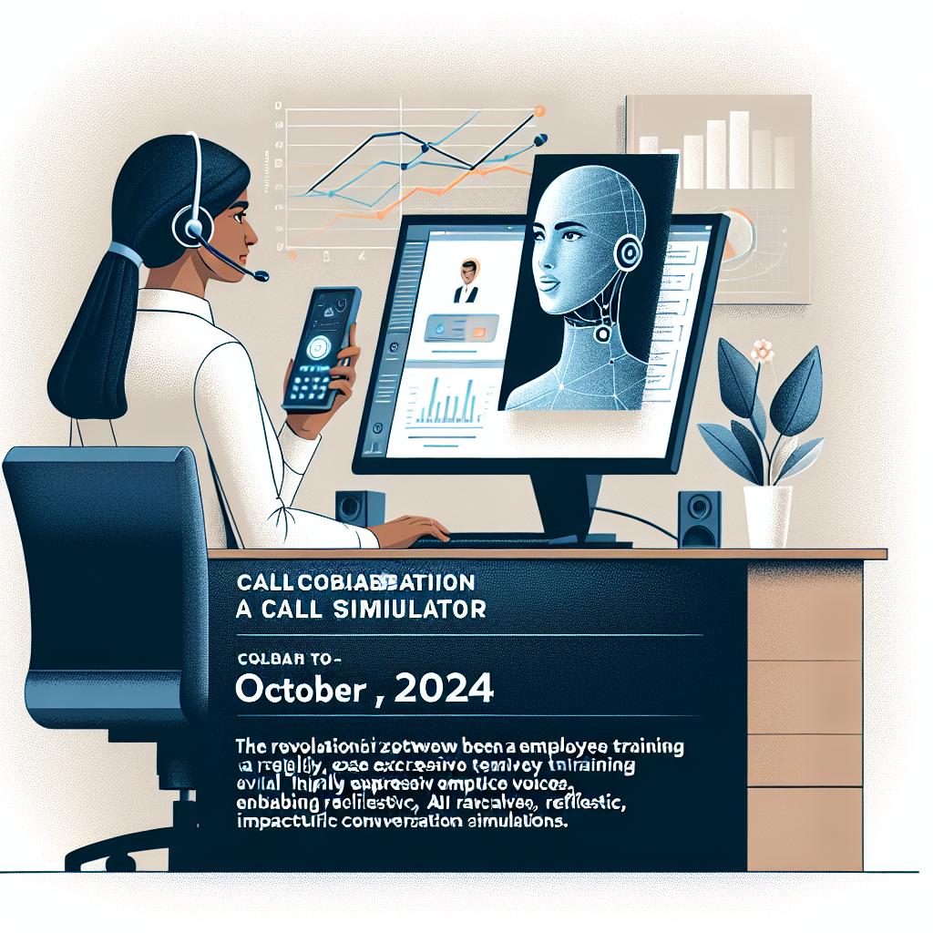 The image portrays the collaboration between a Call Simulator company and ElevenLabs that took place on October 7, 2024, which aims to revolutionize employee training via highly expressive AI voices, enabling realistic, impactful conversation simulations. The image shows a Middle-Eastern female employee at a work desk with a computer, conversing with an AI on the screen. Visible in the background are graphs that symbolize efficiency at work and technological innovation. The style is Corporate, flat, and vectored with a 2D, linear perspective and a white, textureless background.