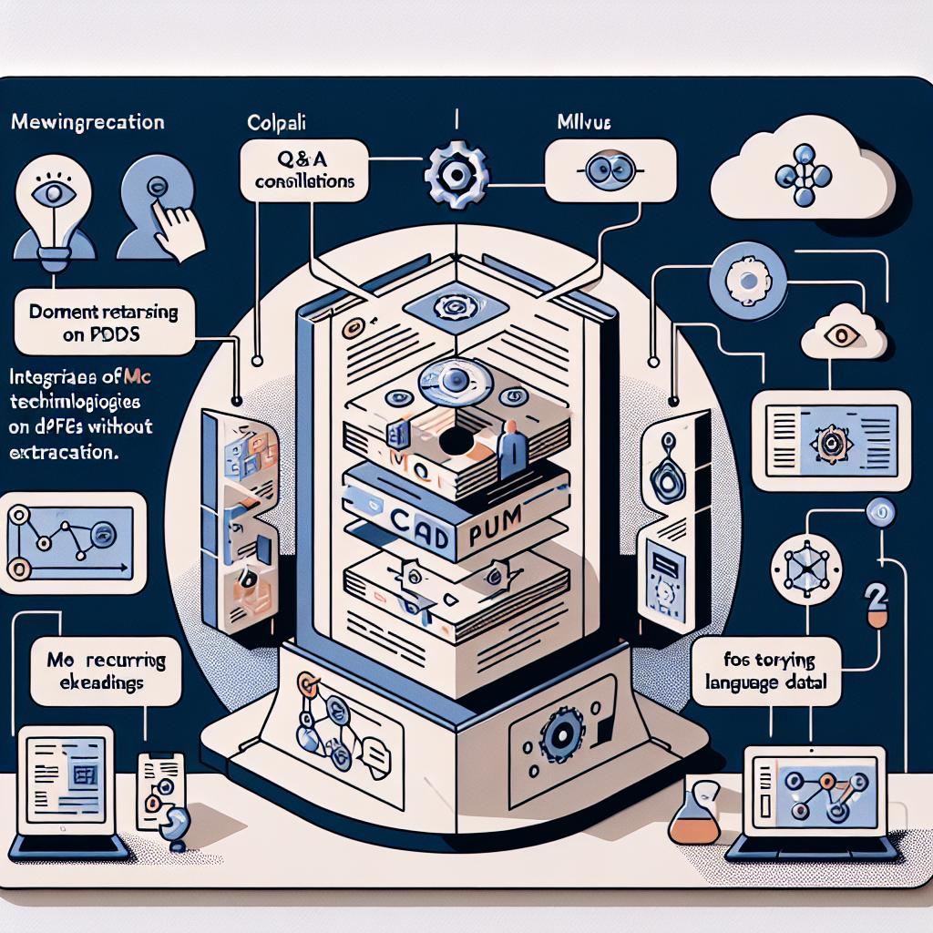 The image, illustrated in a flat, vector style is suited for a corporate context with a white, texture-less background. Designed in two-dimensional perspective, it showcases a new method of document retrieval presented on December 10, 2024. This method integrates Colpali, Milvus, and visual language models (LLMs), allowing for Q&A consultations on PDFs without requiring text extraction. The image focuses on highlighting the stages of image processing and interaction with textual data. Additional elements feature a display of Colpali's role in integrating technologies for document analysis, Milvus's function in storing and retrieving embeddings, and a representation of how LLMs interact with textual data.