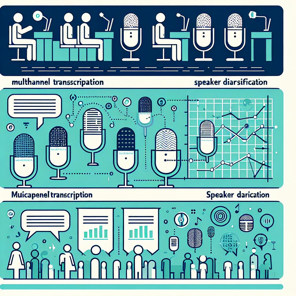 Illustrate an image in a corporate, 2D, flat vector style. The image should represent different audio transcription methodologies with a focus on Multichannel Transcription and Speaker Diarization. These are crucial techniques for precise and organized transcription of multi-speaker audio recordings, enabling the identification and separation of participants. The background should be white and textureless. The following additional elements should be incorporated: Graphs, which visually show how transcriptions are organized; Microphone icons symbolizing audio recordings; Blue and green colors symbolizing innovative technologies and efficiency; Short informative texts detailing the benefits of each technique.