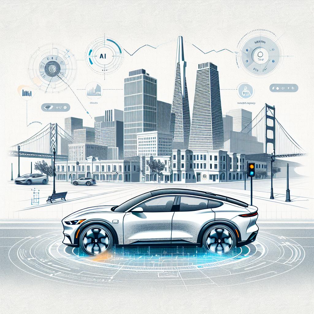 An illustrative, 2D, vector-style image featuring a white textured background. Render a scene featuring a Ford Mustang Mach-E, implemented with autonomous driving technology, navigating along the streets of San Francisco. The city's iconic urban scenarios providing a dynamic backdrop. Around the autonomous vehicle, portray graphical data and figures to symbolize essential information being collected during the tests. In the lower corner of the image, display the logos of a British AI company, an American multinational technology company, and a major American multinational technology company to represent their partnership and support for AI projects.