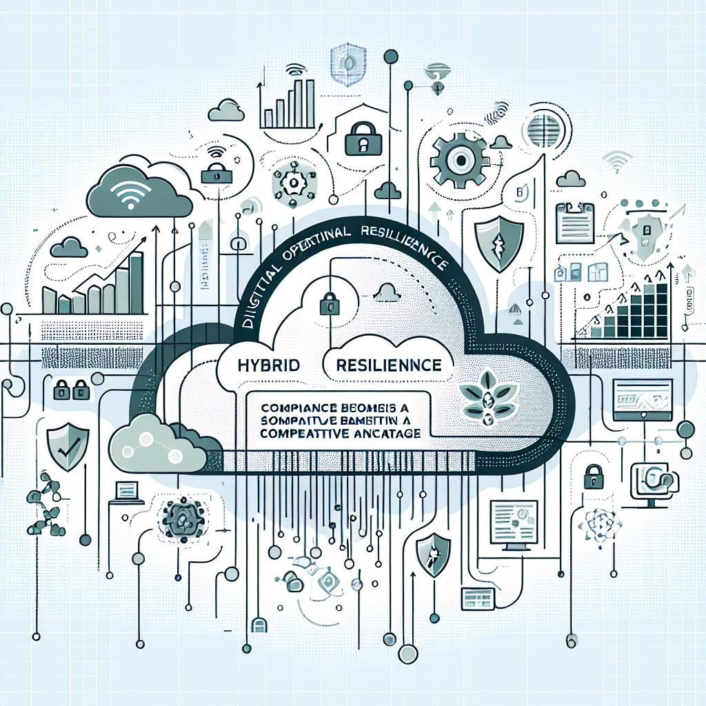 Create an abstract, 2D, flat vector-style image that represents the interconnection between hybrid data and operational resilience in the financial sector. This image should have a plain white background. Throughout the image, incorporate charts to illustrate the relationship between resilience and data strategy. Add security icons to emphasize the importance of security in compliance. Also include elements of a cloud to symbolize the integration of data in hybrid environments, highlighting the essence of compliance becoming a competitive advantage, as suggested by the Digital Operational Resilience Act (DORA) regulated in February 2025.