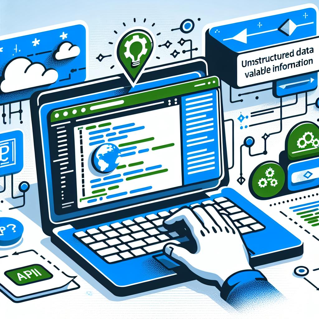 Create a 2D, flat, vector illustration set in a corporate style that represents the Meta-Prompt in action, over a white, textureless background. The image features an open laptop in a programming environment, displaying code indicative of the use of Meta-Prompt. It should incorporate blue and green elements symbolizing technology and innovation. Also, include graphics that depict unstructured data being transformed into valuable information. Lastly, incorporate API icons to signify the theme of integration and connectivity.