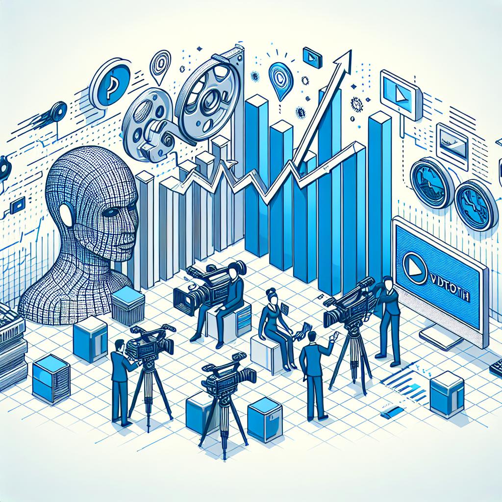 Create a 2D, linear perspective image that represents the impact of artificial intelligence on video production in the year 2024. The scene should be in a vector style, with corporate undertones, on a white, textureless background. Include elements such as traditional video cameras to symbolize how this medium used to be produced, and computers to symbolize the new digital era that AI brings. Also include growth charts to illustrate the surge in video creation and consumption. The overall design should be flat and crisp.