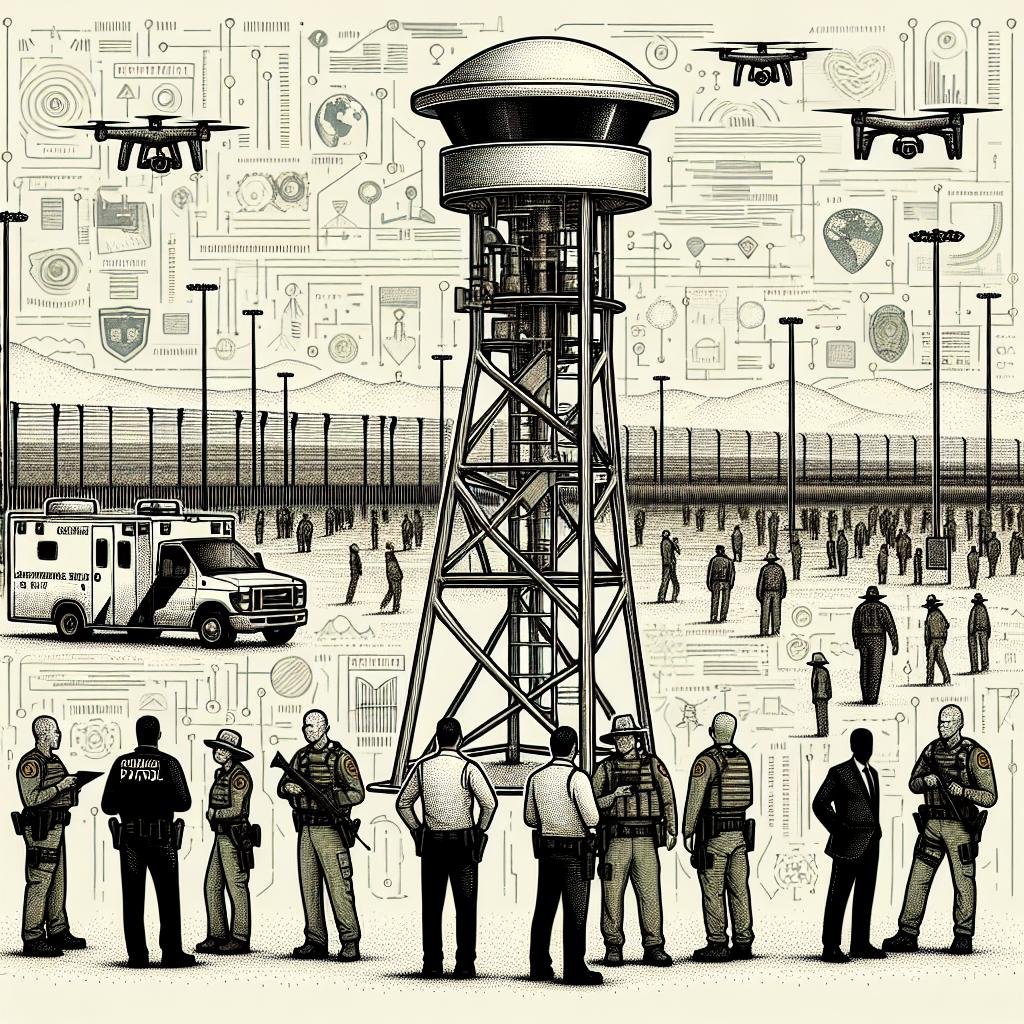 Create a corporate 2D, linear vector-style image with a white and texture-less background. The focus of the image is an Autonomous Surveillance Tower (AST) representing the latest technology used in border security. In the vicinity, American border patrol agents are seen observing the surroundings. There are individuals of varying genders and descents. The backdrop illustrates a border environment, accurately depicting the practical application of the surveillance towers.