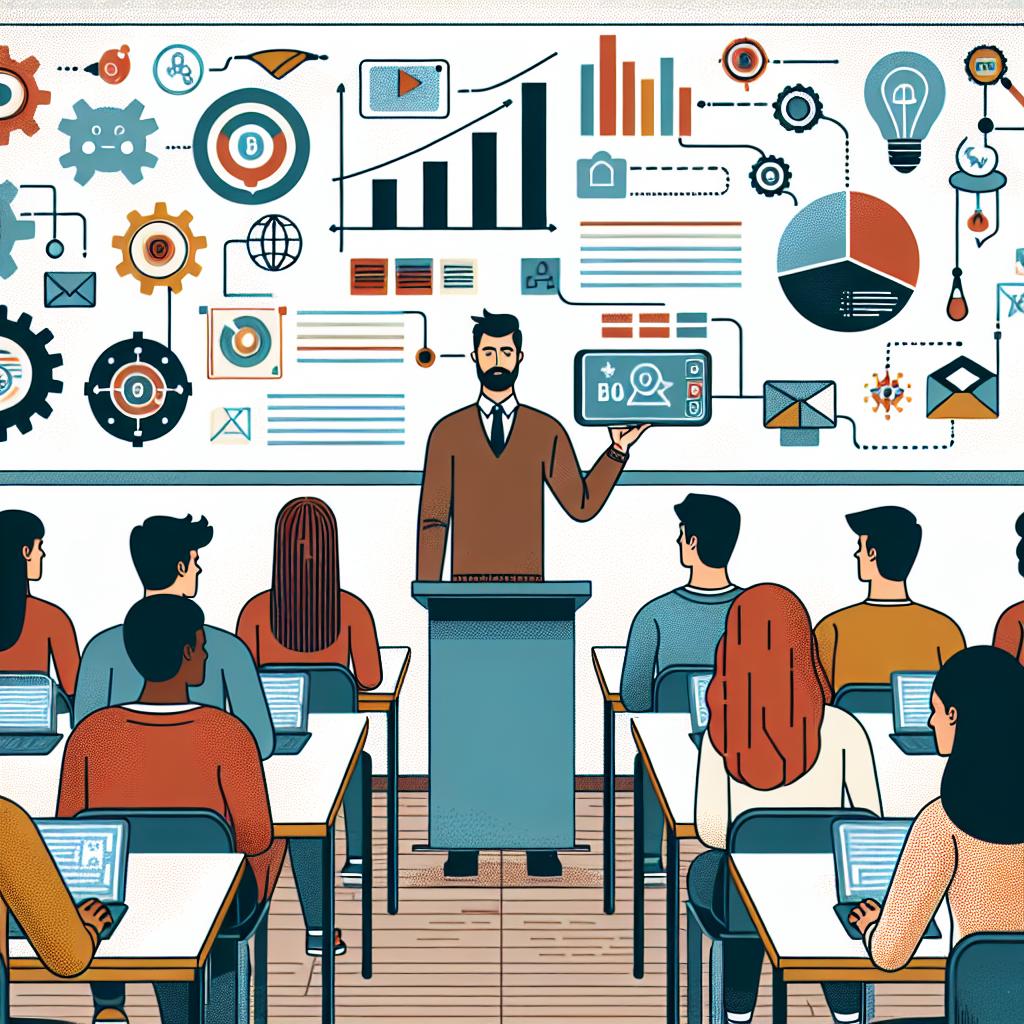 Imagine a 2D linear, corporative vectorial flat style image set from a typical Brazilian classroom. The background is white and textureless. The main focus is a teacher at the front of the room using a digital device, such as a tablet, to present the lesson. The students, both male and female of varying descent including Hispanic, Black, and Middle-Eastern, watch attentively, symbolizing a modern-day interactive learning environment. Visual elements such as bar graphs and pie charts showcasing the impact of artificial intelligence on education hover in the air, digitally projected from the teacher's device. Accompanying these are some technology icon representations of learning tools like gears and light bulbs.