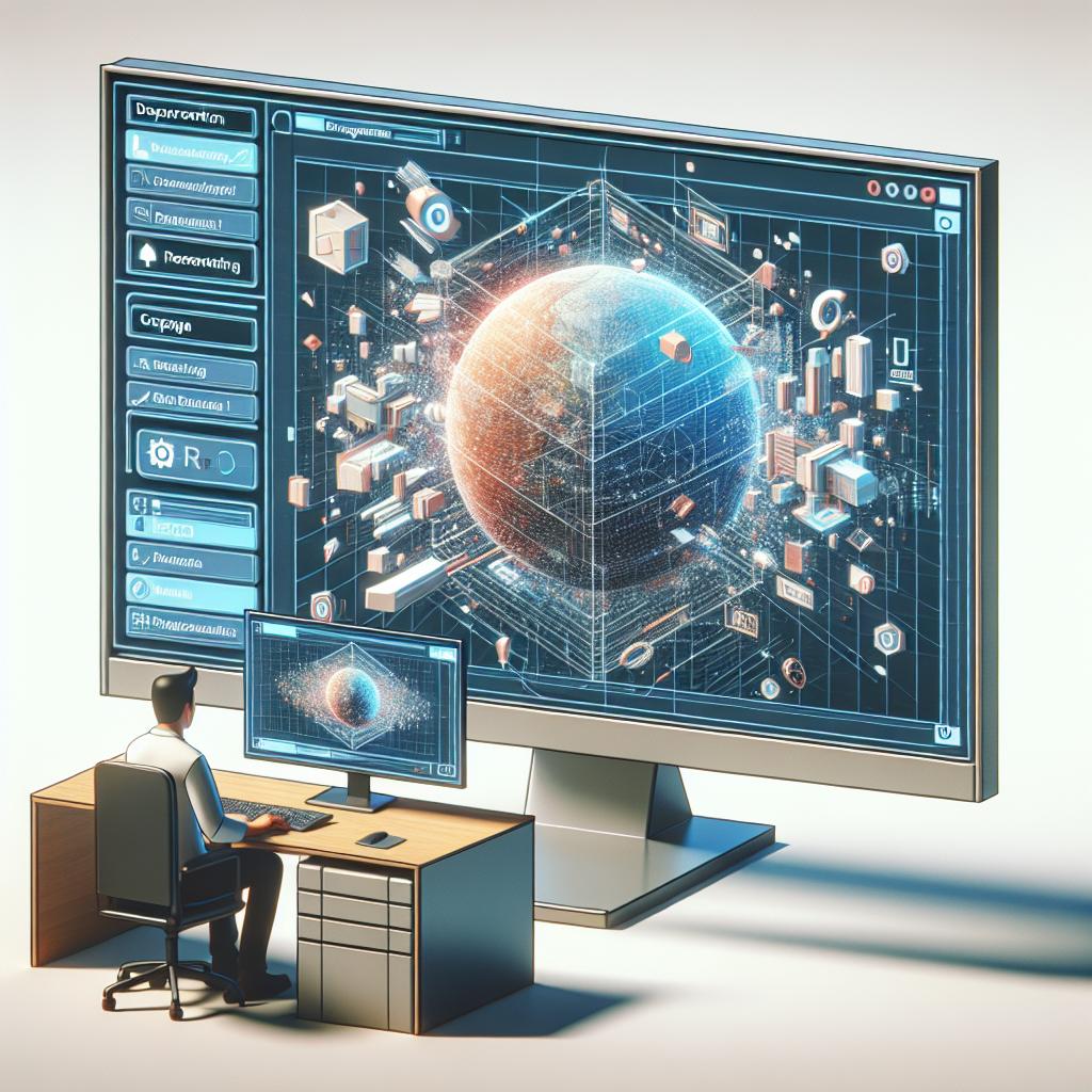 Imagine a two dimensional perspective view of a computer screen. The screen displays the user interface of a software that is aimed at generating 3D worlds using artificial intelligence. The interface should demonstrate the technology being offered. On the screen, a real-time reconstruction of a 3D world is unfolding to demonstrate the potentials of the technology. A corporate style and the principles of flat design guide the image's tone. A designer, who is Hispanic and identified as male, is working on this 3D world which is in the process of creation. Image elements have hints of gaming to connect the image with the world of video games. Background is white and textureless.