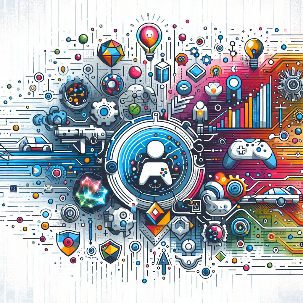 Create a 2D, vector-styled illustration with a white and untextured background, conveying corporate aesthetic. Depict the intersection of technology and entertainment, featuring elements of gaming and artificial intelligence. Incorporate graphic elements representing the evolution of games in the digital era, and artificial intelligence icons to symbolize technological integration in game development. Use bright, vibrant colors to convey emotion and innovation in the gaming industry. This image should not contain any identifiable figures or characters and should maintain a flat, linear perspective.