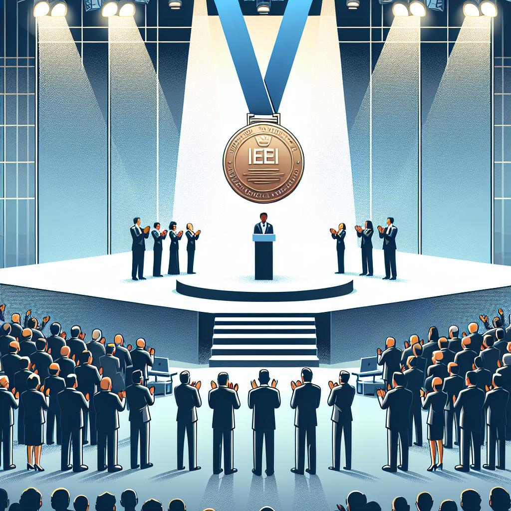 Illustrate an awards ceremony event in a flat, corporate, vectorial style in a 2D linear perspective. The scene includes the presentation of the IEEE Medal of Honor on a brightly lit stage. Use a white, texture-less background. Add spectators of different descents: Caucasian, Black, Hispanic, Middle-Eastern, and South Asian, both male and female, applauding and representing the global scientific and technological community. Use lighting to emphasize the importance of the event. The stage symbolizes a place of public recognition, and the medal is a symbol of achievements in technology and science.