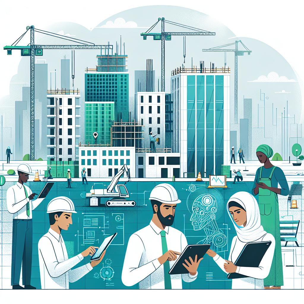 I would like an illustration in a flat, corporate-like vector style, set in a 2D linear perspective. The scene should depict a modern construction site where workers of various descents like Hispanic, Middle-Eastern, and Black, both male and female, are utilizing tablets and artificial intelligence technology. In the background, an innovatively designed building under construction can be seen. The color scheme favours green and blue accents to emphasize sustainability and innovation, all set against a white, textureless backdrop.