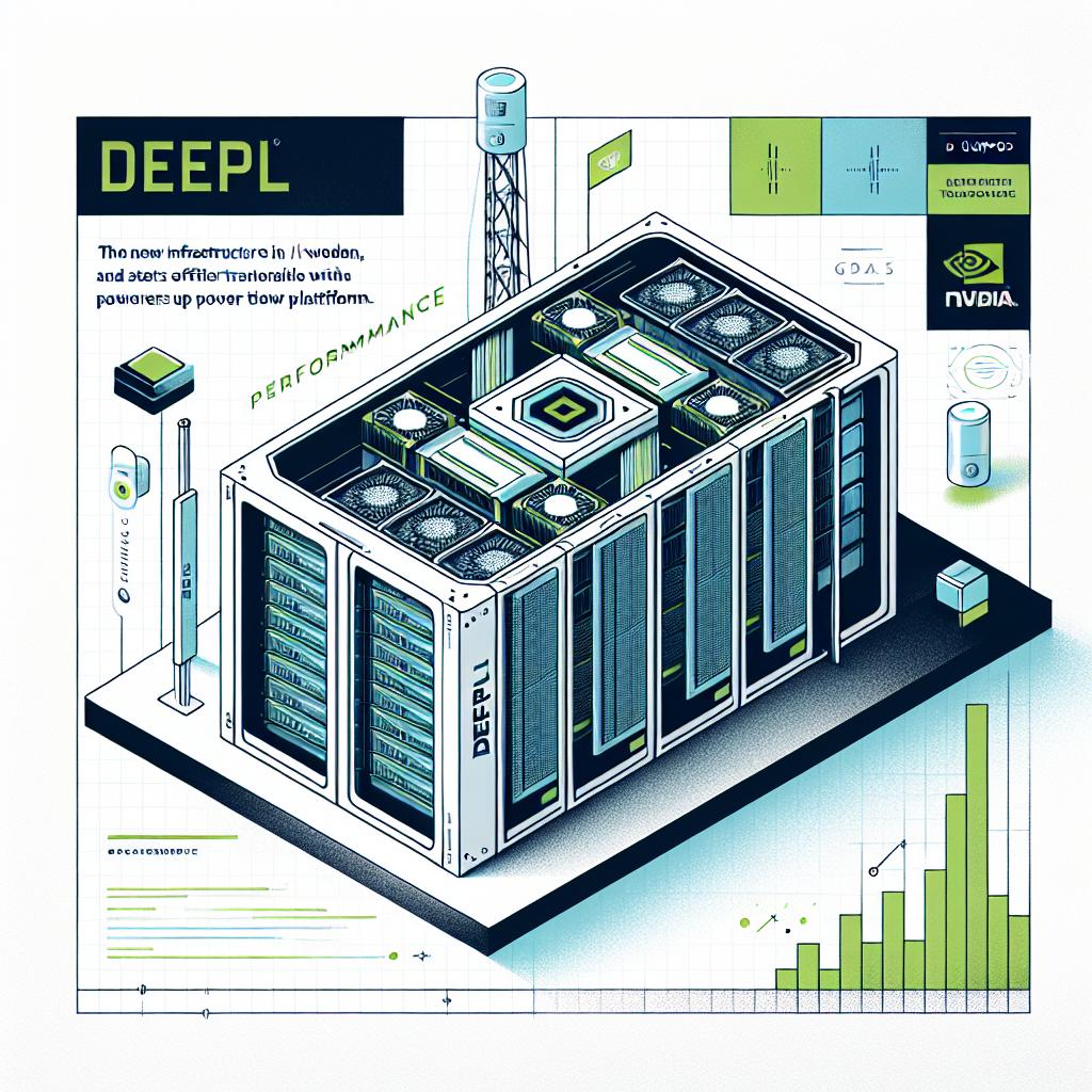 Illustrate an image in a flat, corporate, and vector style against a white, textureless background. Picture a modern, high-performance rack design that represents the new infrastructure of DeepL with the NVIDIA DGX SuperPOD. The rack is implemented in Sweden and starts operation in 2025 to power up its translation platform. Include the logo of DeepL to represent its brand identity, and the NVIDIA logo symbolizing the technological partnership. Add graphics of performance to illustrate the capability of the new infrastructure. The color palette of the image primarily consists of shades of blue and green, symbolizing innovation and cutting-edge technology.