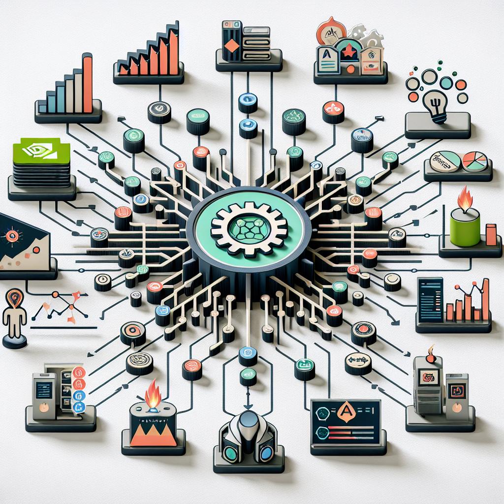 A 2D, flat, and corporate-style illustration demonstrating the integration of multiple AI systems into a single efficient infrastructure. In the center is an AI icon symbolizing the evolution of technology. Surrounding it, representing strategic partnerships, are non-brand-specific icons reminiscent of famous tech companies. These icons embody the partnerships made with technology forefronts, similar to those made by firms like NVIDIA and Google. Performance charts and graphs scattered across the illustration convey the efficiency of the generative AI architecture shown as Fireworks AI. The backdrop is white, untextured, suggesting a corporate environment indicating practical applications in the business realm.