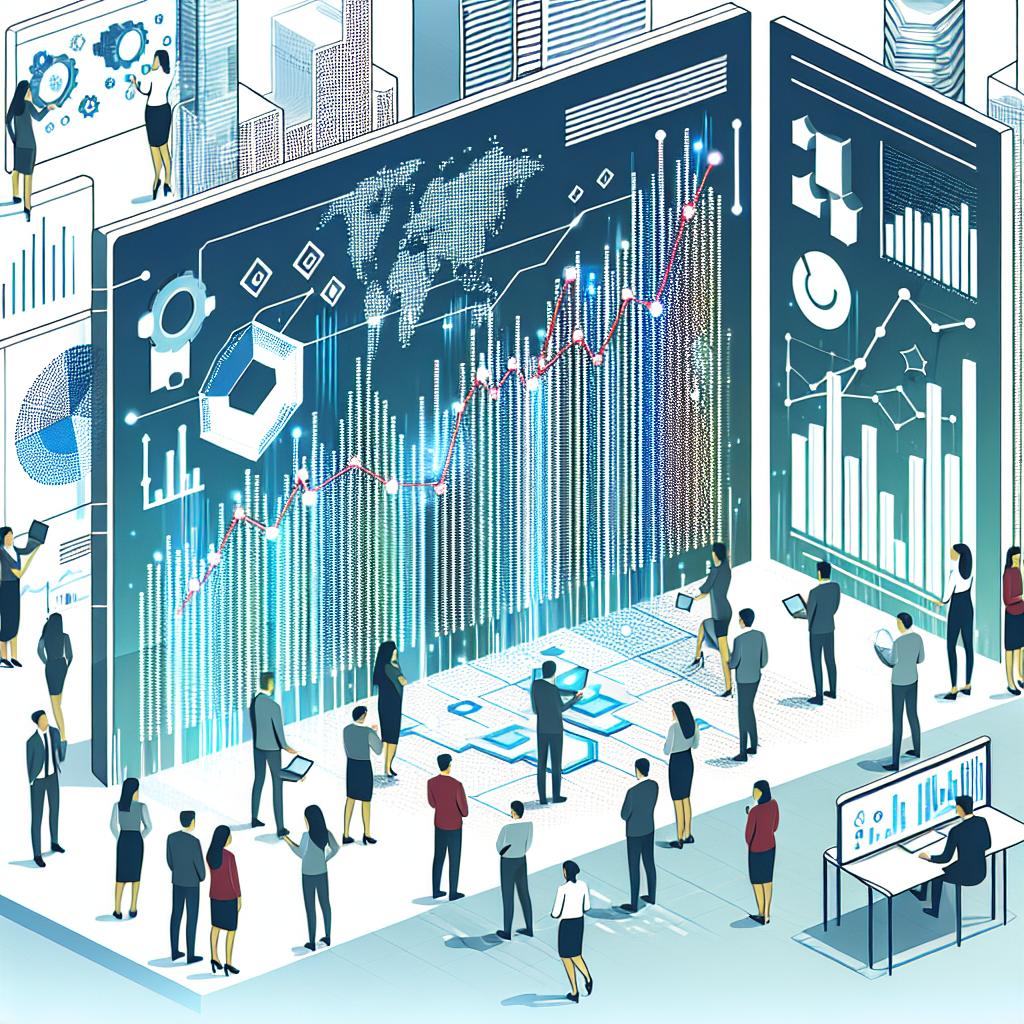 Illustrate a flat, vector-styled image within a corporate context that portrays the fusion of technology and finance. The perspective should be 2D, and linear. The background should be white and textureless. Display individuals of various descents and genders interacting with digital graphs and data representations. These graphs should symbolize the growth and transformation of the financial sector due to Artificial Intelligence. Add a touch of futuristic colors to convey innovation and modernity. Please avoid direct depiction of recognizable individuals.