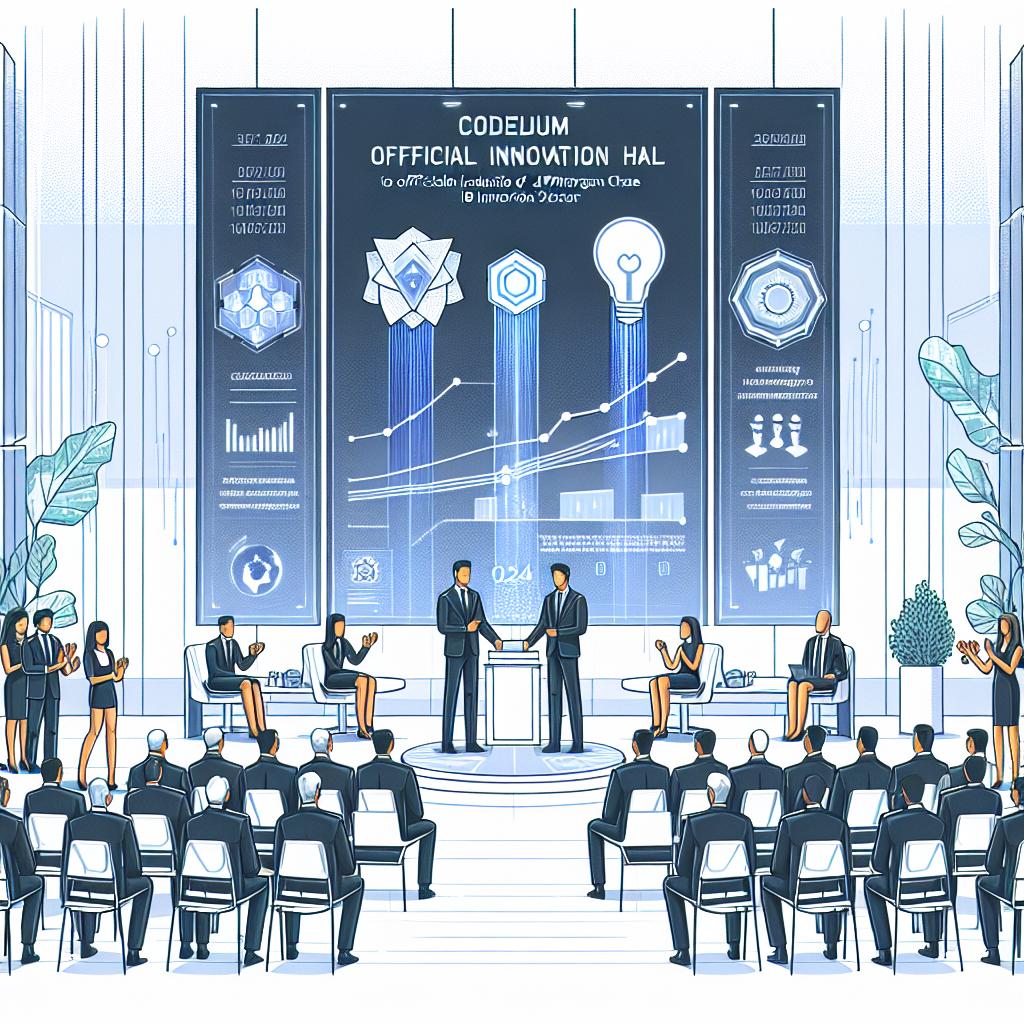 The image illustrates Codeium's official induction into the Innovation Hall of JPMorgan Chase in recognition of their excellence in technology and innovation in the financial sector. This event takes place during the 16th Annual Technology Innovation Symposium on October 31, 2024. The image portrays the celebration of Codeium's induction, with participants from both JPMorgan Chase and Codeium present in a modern, technological environment. The image should be in a 2D linear perspective. The background is white and texture-free. The style is corporate, flat and vectorial. Key elements include the representatives of JPMorgan Chase, symbolizing the strategic partnership with Codeium, a presentation screen with technology graphs illustrating innovation and AI's impact data, and a modern conference environment reflecting the commitment to innovation and creativity.