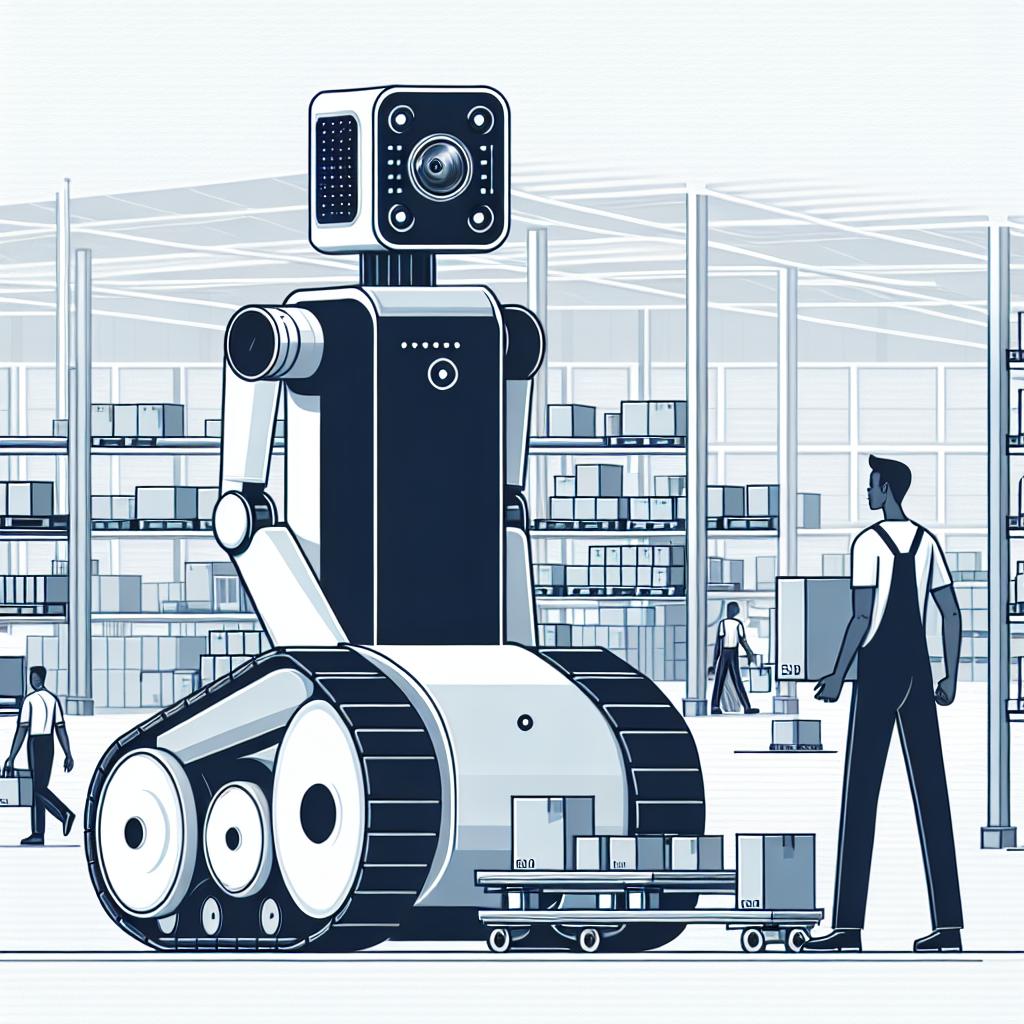 Visualize a corporate-style, flat, vector illustration of a warehouse environment. The scene is set against a plain white background and is seen from a 2D linear perspective. The main characters of this imagery are a robust robotic entity named Carter Pro, which represents the new era of collaborative robotics, and a Black male worker, representing safe coexistence and interaction between humans and machines. The robot and the human are shown working side-by-side, with the worker handling the robot. Cameras built into the robot, a key feature of its design, are clearly visible, emphasizing the technology at play.