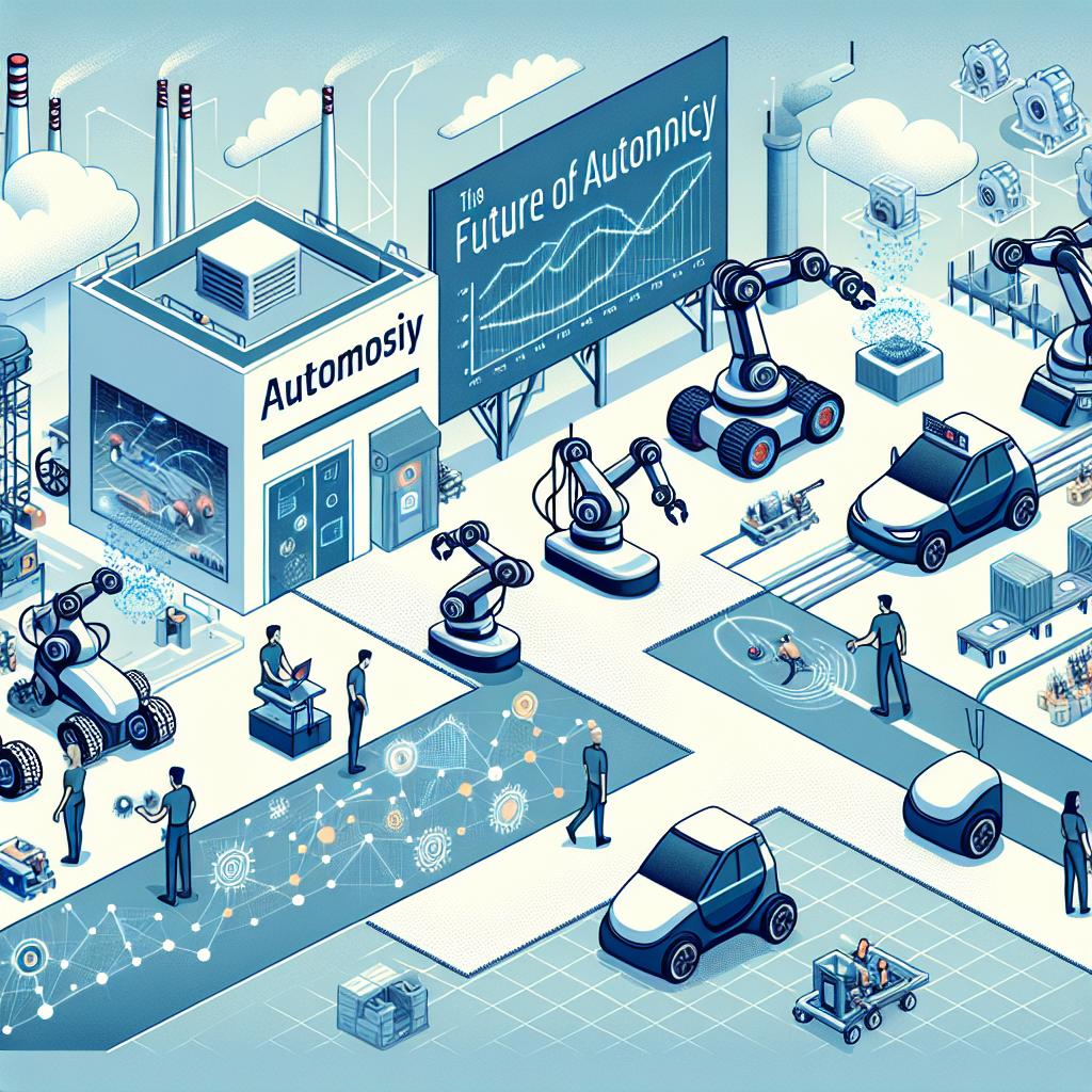 Visualize an illustrative representation of the future of autonomy as per an announcement by a famous technology company. On display are autonomous machines, specifically robots and vehicles, in an industrial setting. People and machines are seen engaging in tasks side by side, emphasizing the enhanced human-machine collaboration. The surroundings exhibit an industrial theme pointing towards key application fields of autonomous technologies. Built into the scene are data graphs and simulations, signaling the crucial role of virtualization and simulation in advancement. The creative approach is a 2D linear perspective, employed in a flat corporate style, using vector style illustrations. The backdrop is plain white without any textures. The pallet is composed mostly of cool colors symbolizing innovation and technology.