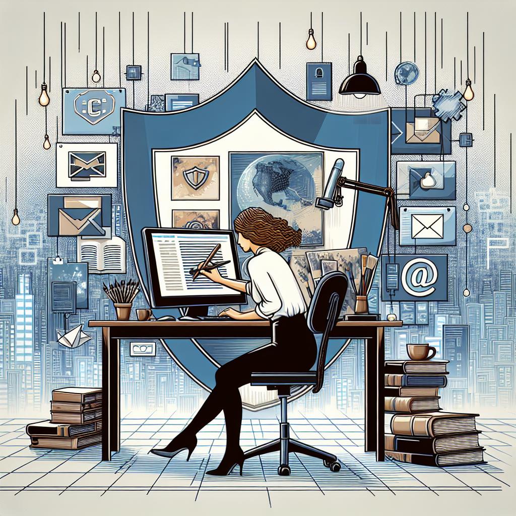 An image in a flat, corporative, and vectorial style showcasing a 2D linear perspective of a Caucasian female artist in her studio, using digital technologies to protect her artworks. She uses a computer which symbolizes the technology for art protection. The background features a digital cityscape signifying the digital environment and social media networks. In the studio, there's a painting canvas indicating the artistic work, and numerous books and papers symbolizing knowledge and copyright laws. The element of struggle against artwork misuse is symbolized by an image being edited on the background screen. The overall image has a white and textureless background.