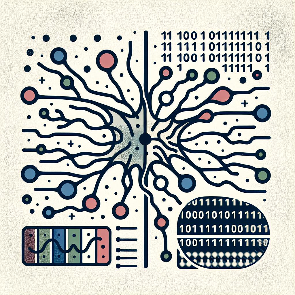 Generate a 2D linear vectorial flat corporate styled illustration on a white, textureless background. The focus should be on motor neurons, representing cells under study in amyotrophic lateral sclerosis (ALS) research. Depict a clear distinction between healthy phenotypes and mutated ones. Include binary code elements to symbolize the deep learning technology usage in the analysis. Add colored backgrounds for some elements to represent diversity in genetic mutations, thus drawing attention.