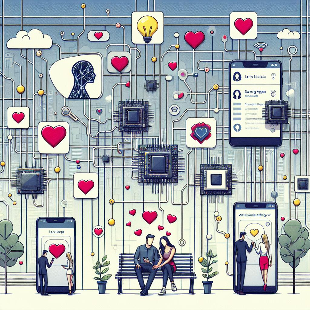 This image portrays the revolution of dating apps, which are undergoing a transformation driven by artificial intelligence. Pictured in 2D, linear perspective, the setting incorporates several elements that symbolize the blend of relationships and artificial intelligence. At the forefront, we see users of dating apps interacting on screens, representing modern relationships. They are connected by heart-shaped digital icons, illustrating love and connections. Intertwined amongst these elements are circuits and chips, symbolizing the technology behind AI. The backdrop paints a textured-less white background, with indications of an urban environment to contextualize this contemporary scenario. The whole image is designed in a vector, flat, and corporate style.