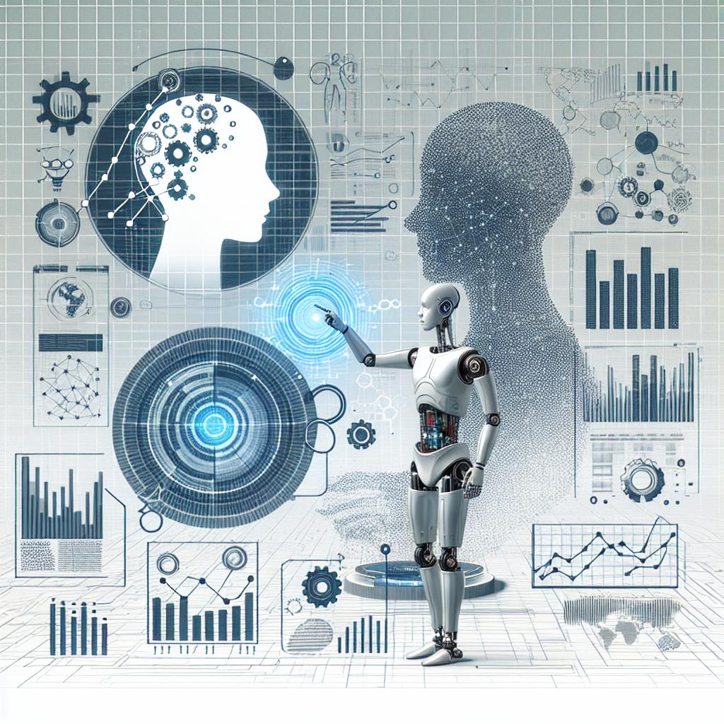 Create a vector style 2D, flat, corporate image on a white, texture-free backdrop. Depict a humanoid robot in a technological setting, interacting with data charts, symbolizing the integration of Artificial Intelligence across industries. The humanoid robot illustrates the simulation of human intelligence, while the data charts showcases the AI data analysis capability and the technological environment indicates its applications across various sectors.