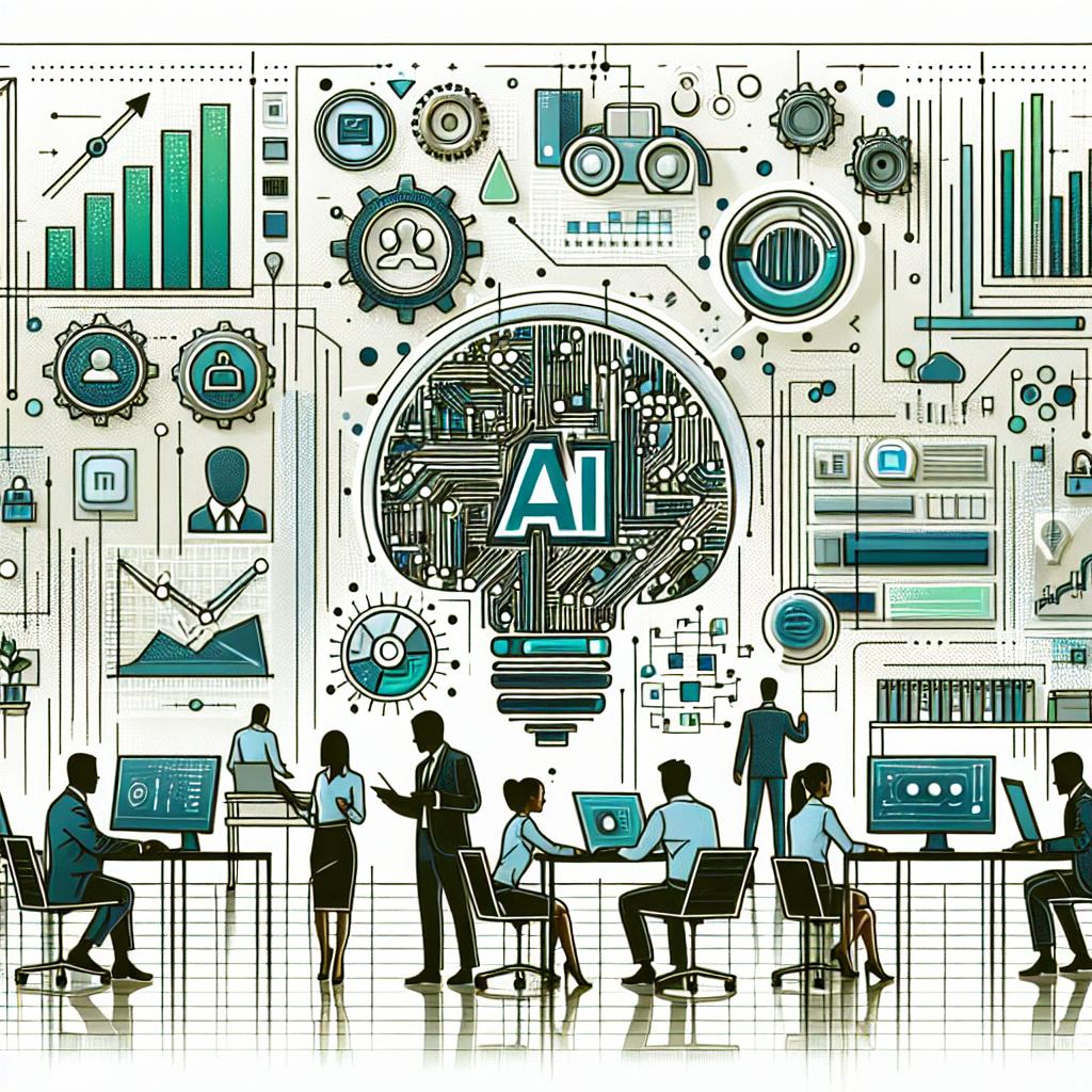 A modern corporate style, 2D linear image set against a textureless white background. The scene depicts the development and implementation of AI strategies in businesses, signified by various technological icons and charts that symbolize growth and efficiency through AI. A contemporary office setting suggests a workspace integrated with cutting-edge technology. People of diverse genders and descents are collaborating, emphasizing the importance of teamwork in implementing AI. The image palette mainly consists of shades of blue and green, conveying an air of professionalism and innovation.