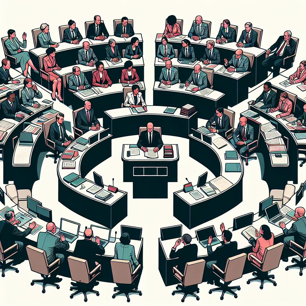 Create a 2D, vector-style, corporate-themed illustration that features an ambiguous government chamber session in the main scenario. This meeting consists of legislators of diverse genders and political parties taken from all around the world, each showing serious and thoughtful expressions. The legislators are engaged in discussion, and their desks are scattered with a mix of traditional documents and modern technology, including tablets and smartphones, symbolic of the topical tech regulation debates. The art should be done on a plain, untextured white background, emphasizing the minimalist and linear perspective of the flat design style.