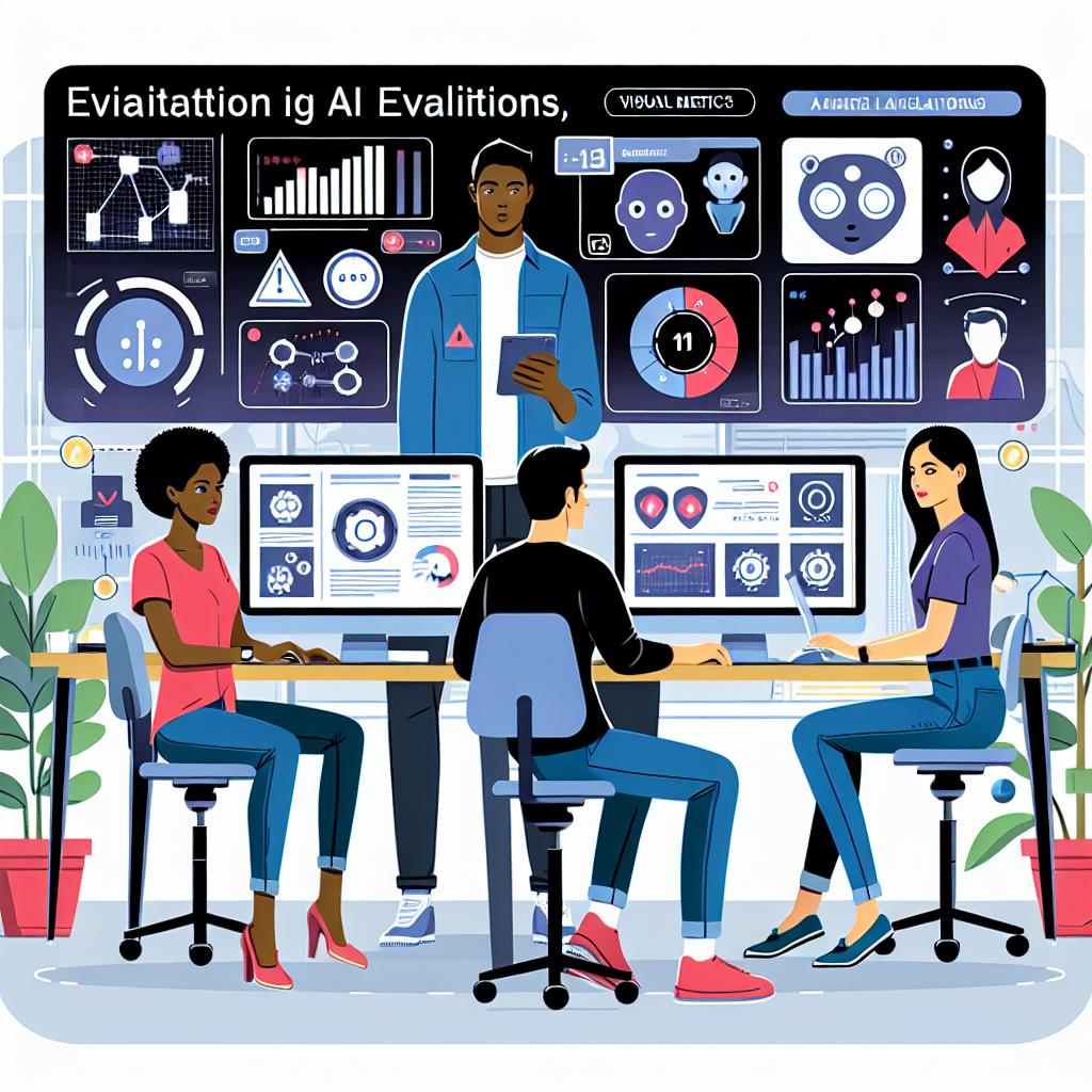 Vector-style illustration of a diverse technical team, with a Caucasian woman, a Black man, and a Hispanic woman, working in a modern corporate environment. They are evaluating AI agents, surrounded by various technological tools like computers and mobile devices. Visual metrics charts are present in their workspace, reflecting an ongoing analysis and performance evaluation, signifying the tool named Agentic Evaluations, launched by a San Francisco startup. The work environment is a blend of collaboration, technology, and safety, indicated by visible safety icons, symbolizing the importance of safety in AI.