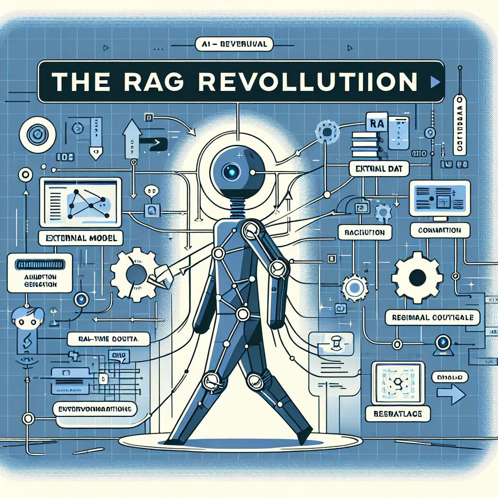 Image titled 'The RAG Revolution'. The image captures the essence of Retrieval Augmented Generation (RAG), showing an AI model interacting with real-time external data in a dynamic environment. Rendered in a flat, vector, and corporate style on a plain white, textureless background in a 2D linear perspective. Essential elements include: 1. AI Model: Symbolizes the RAG system. 2. External Data: Illustrations of various information sources available. 3. Connections: Lines or arrows illustrating the integration between the model and data. 4. Digital Environment: A backdrop depicting a futuristic and technological space.