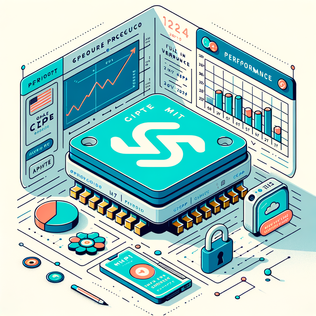 Create a 2D, corporate, flat and vector styled image on a textureless white background. At the forefront, there should be a vivid depiction of a GPU processor signifying the model's capability to run on a single GPU. In the background, illustrate performance charts, reflecting the model's benchmarks. To one corner, carefully place the logo of MIT indicating the open-source license of the model. Also, have a calendar marked with 'November 2024', highlighting the model's full version release date. Lastly, incorporate an icon of a cloud with a lock symbol, suggesting speculations about the potential paid version via API.