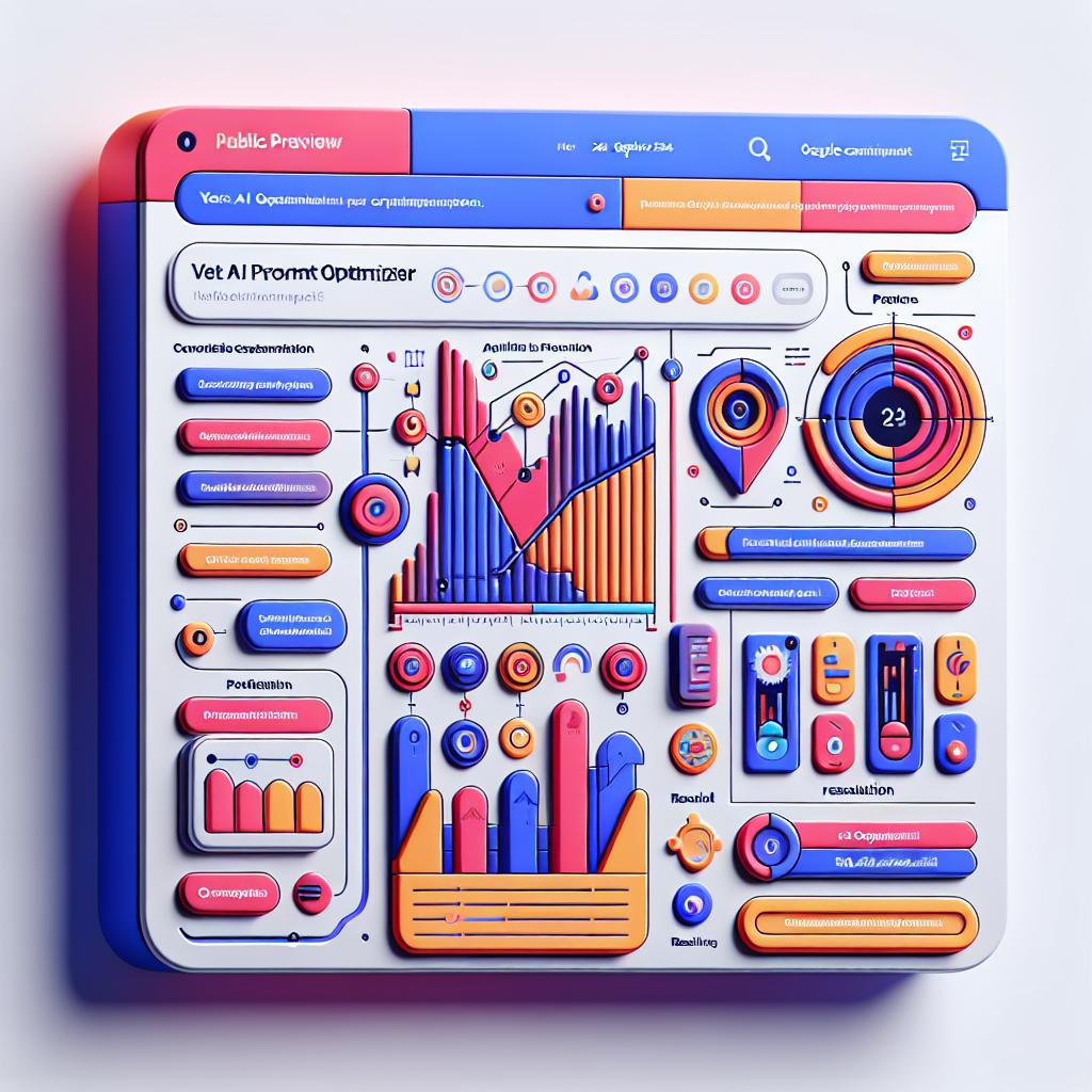This image is from the perspective of a 2D linear view with a flat, corporate, vectorial style, imbued with vibrant colors to capture attention and communicate innovation. It is set against a plain, white background with no texture. It showcases a public preview of the 'Vertex AI Prompt Optimizer', announced by Google on 26th September 2024. The interface is complete with options for customization and features. To represent the efficiency of the tool, also depicted are optimization icons. Further demonstrating the positive impacts of optimization, result graphs are included in the picture.