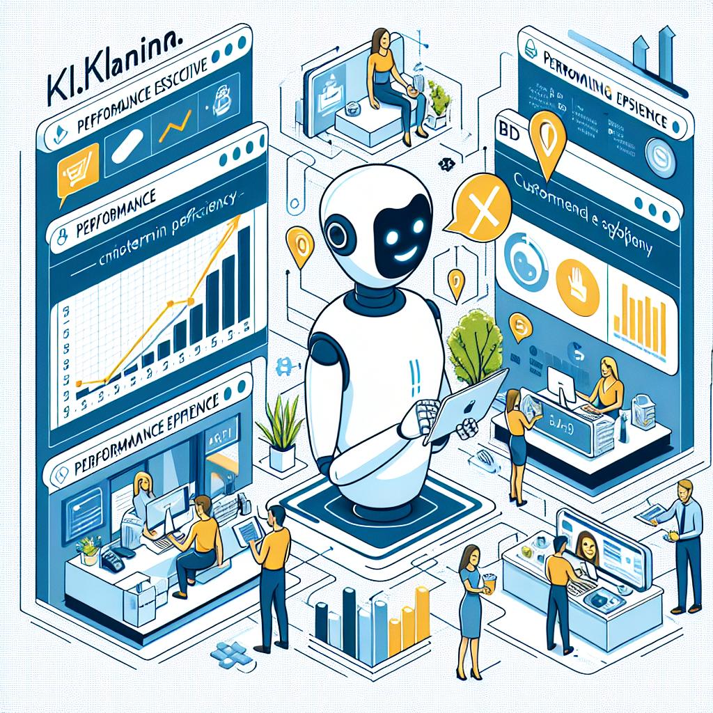 Create a 2D linear perspective, vectorial, flat, and corporate-style image that is set against a white, textureless background. The image should portray the AI assistant of Klarna, a leader in payment and shopping solutions, interacting with users in various customer service scenarios, symbolizing efficiency and innovation. The users should appear satisfied, illustrating their customer experience joy. Additionally, incorporate performance graphs into the image to highlight improvements in efficiency and a digital scenario to provide context for the technological environment.