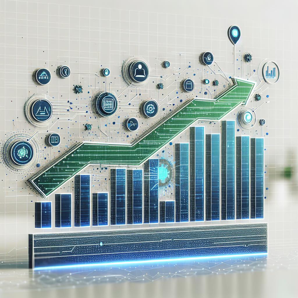 An image in a 2D, linear perspective, employing a flat, corporate, and vectorial style. The background is clean and white with no texture. It displays a growth chart that represents the positive impact of Generative Artificial Intelligence (GenAI) on corporate marketing strategies. The chart is marked with blue and green hues, which symbolize technology and innovation respectively. Also scattered around the image are various technology-related icons that emphasize the integration of AI in marketing.