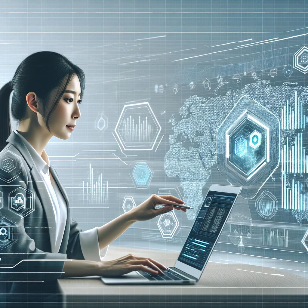 Depict an East Asian female technology professional in a modern, crisp workspace carefully examining data on her computer. The computer screen should display digital security icons and charts, symbolizing the critical analysis within the context of Artificial Intelligence. The backdrop should be futuristic, representing the integration of AI in the business world. Design the image in a 2D, linear perspective with a Vatican approach. Use a vector style to represent flat corporate aesthetics, with cold colors like blue and green that portraying a sense of trust and technology. The overall style should be modern and minimalistic, emphasizing innovation and ethical considerations in technology. Maintain a white, untextured background.