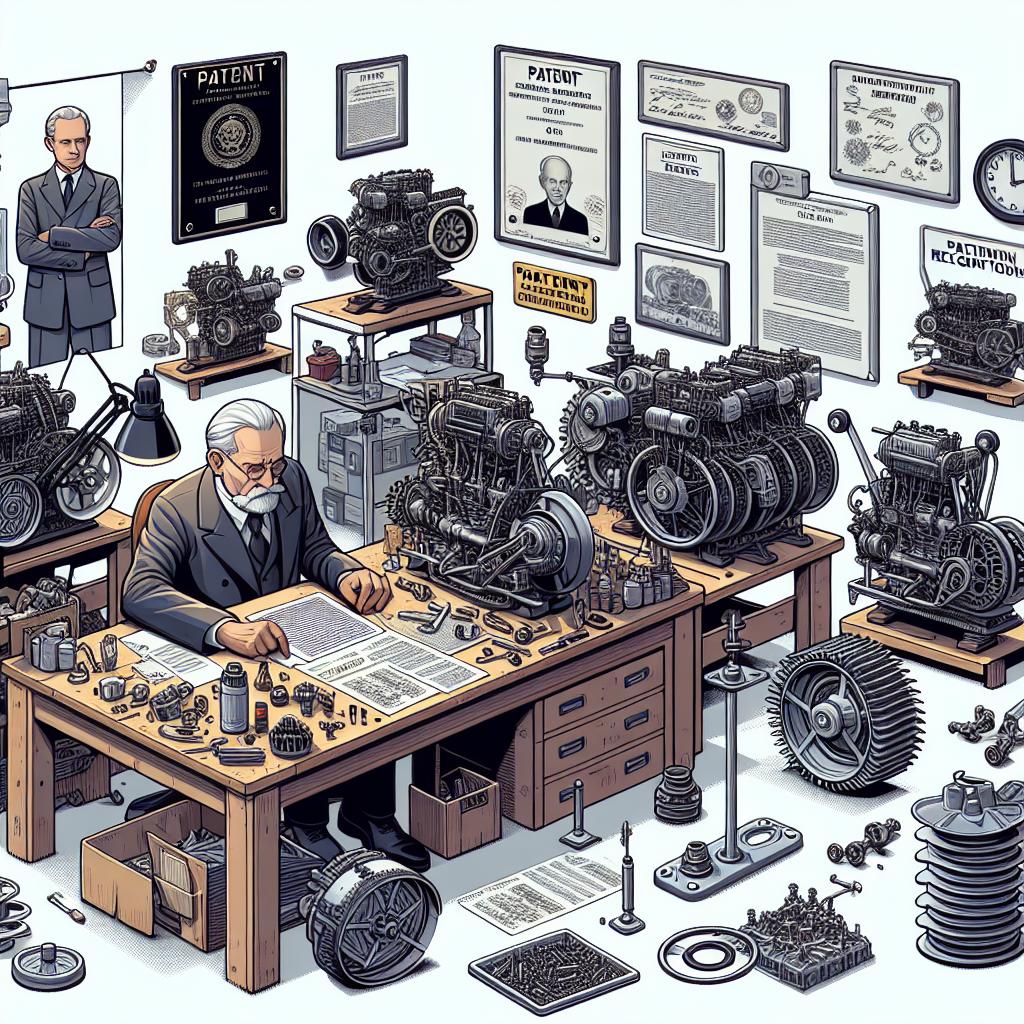 Create an image in a 2D, vectorial, and corporate style, depicting an ongoing struggle of a 77-year-old inventor for his patent rights. The scene takes place in his work environment, filled with prototypes of his inventions, which emphasize his continuous efforts for recognition. Various elements are present, including prototypes of engines representing his inventions and scattered legal documents that symbolize the ongoing legal battle. Also, include patent plaques that highlight the importance of legal recognition. The background should be plain and white. The overall image should emanate the essence of many inventors' realities.