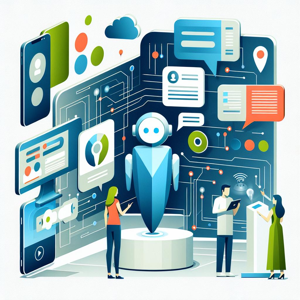 A modern, futuristic scene in a flat, corporate, vectorial style unfolds, depicting an intuitive, personalized AI assistant interacting with a user across several platforms. The AI assistant is represented in the center of the image as a stylized figure, while a user, actively engaged in dialogue, interacts with it. The surrounding area includes icons representing a smartphone, a desktop, and a voice assistant. Everything is set against a white, textureless background, the setting alive with technological elements like circuits, digital clouds, and floating data that symbolize the integration of AI in daily life. The color palette focuses on cool blues and greens, punctuated with bold splashes of orange for emphasis and highlights.