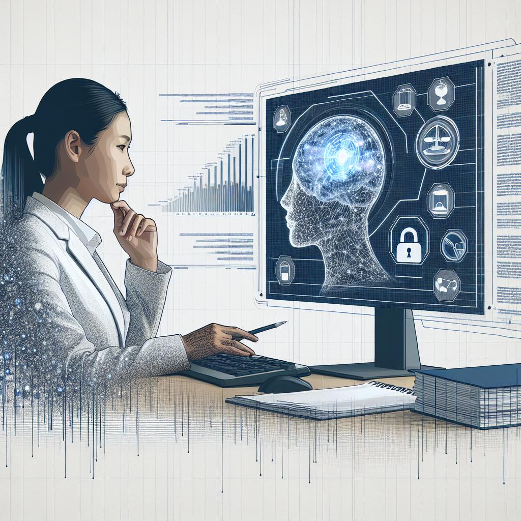Generate a flat, vector, corporate-style image in white, untextured background. This 2D, linear perspective image should depict an Asian female lawyer using a state-of-the-art artificial intelligence system in a modern work environment, surrounded by legal documents. The focus should be on the lawyer's interaction with the technology as a symbol of the merge between law and technological innovation. Elevate the scene's informative aspect with visual elements such as a computer to represent the advanced technology, legal documents to evidence the legal context, and data-graphs to depict the performance analysis.