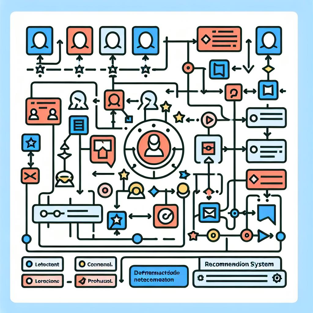 Generate a 2D vector-style diagram representing a recommendation system. The image should be from a linear perspective with a flat, corporate style, and set on a non-textured white background. The diagram should illustrate the structure of interactions in a recommender system. It should include elements like different profile types representing users interacting with items, which represent products or contents being recommended. Connections should be drawn as lines showing both positive and negative interactions. Unique colors should be used to differentiate between positive and negative interactions.