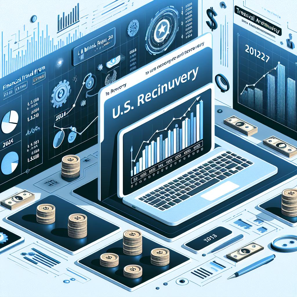 A flat, corporate-style, vector graphic on a white, untextured background in a 2D, linear perspective. The scene represents the U.S. Treasury's use of artificial intelligence to recover funds from financial fraud, showing a noticeable increase over the years. There's an infographic displaying the recovery data over the years, with 2024 showing a return of around $1 billion- nearly three times more than the previous fiscal year. This highlights the effectiveness of AI in combating financial crimes. A laptop is included in the image to represent the use of technology in fraud detection, accompanied by images of coins that symbolize the financial aspect of the frauds. The image uses metallic and blue colors to convey a sense of security and trust in the technology.