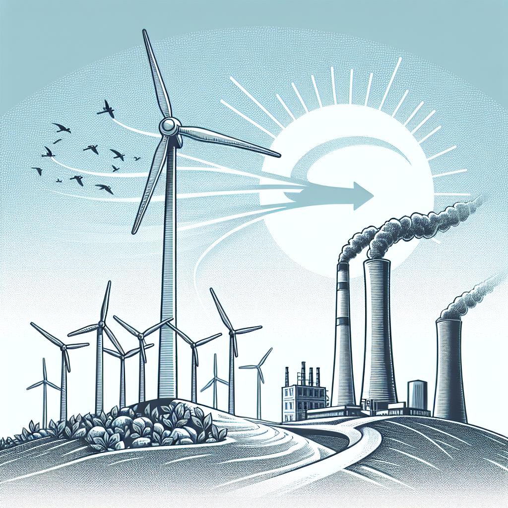 Create a vector-style and flat corporate image in a 2D linear perspective showcasing the shift in energy sources. Set against a textureless white background, the picture highlights an operational wind turbine, representing renewable energy, and a discontinued coal plant symbolizing the end of a polluting era. The scene is completed with a clear sky signifying hope and sustainability. Please ensure the image captures the encouraging evolution in combat against climate change as seen in 2024 with significant strides, like the phasing out of coal use in the UK, falling lithium-ion battery prices, and continuous innovations in climate technology.